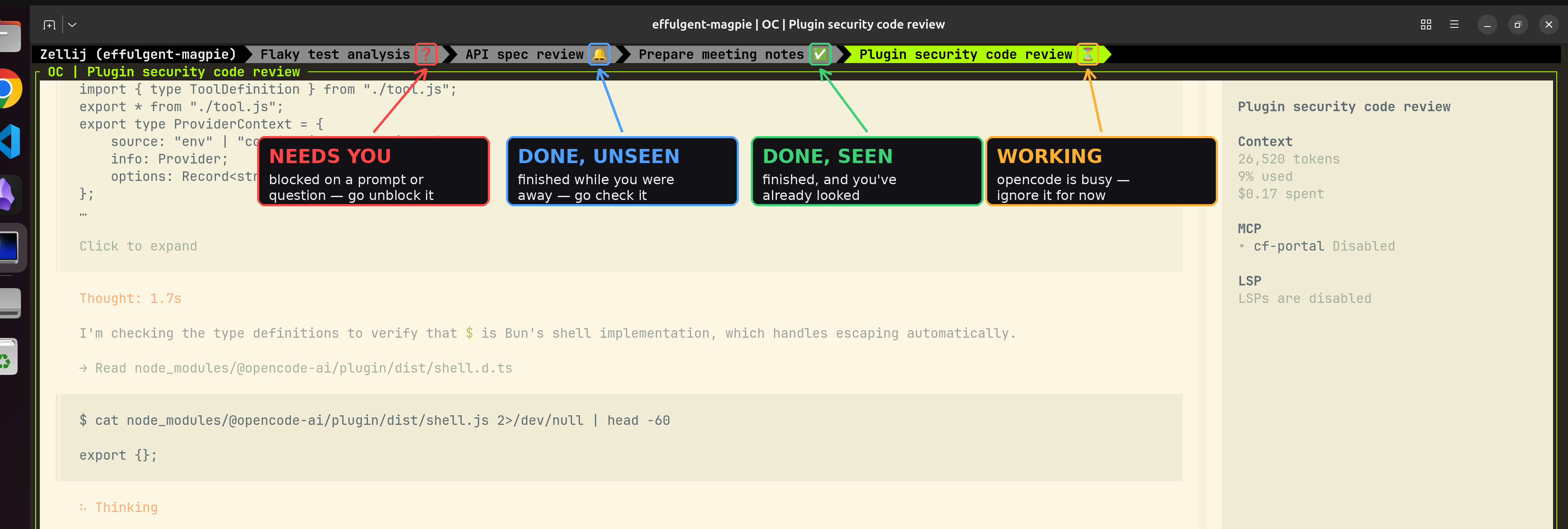 Zellij tabs showing the four agent states: needs you, done unseen, done seen, and working